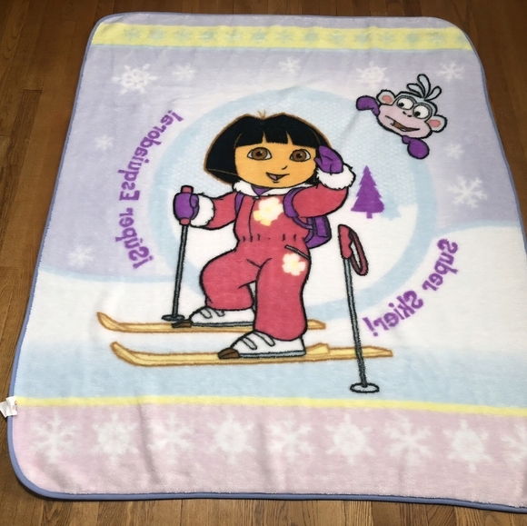 Vtg Dora the Explorer Super Skier! Warm Fleece Throw Blanket Nick Jr. 50" X 60" - Picture 4 of 7